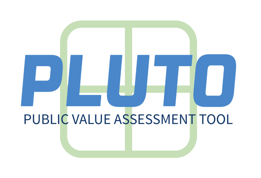 Logo of the Public Value Assessment Tool, PLUTO in blue capital font with a four panel window in the background.