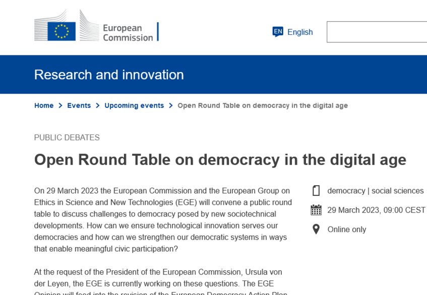 European Commission webpage on the Open Round Table on Democracy in the Digital Age