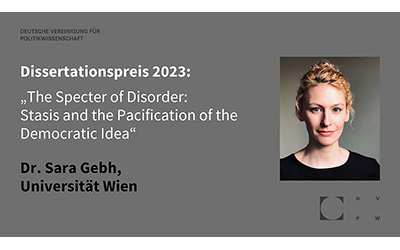 Bild der DVPW Homepage mit dem Titel der Dissertation und einem Portraitfoto von Sara Gebh.