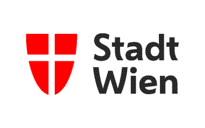 Wappen der Stadt Wien (Rot mit weißem Kreuz) neben Schriftzug "Stadt Wien"